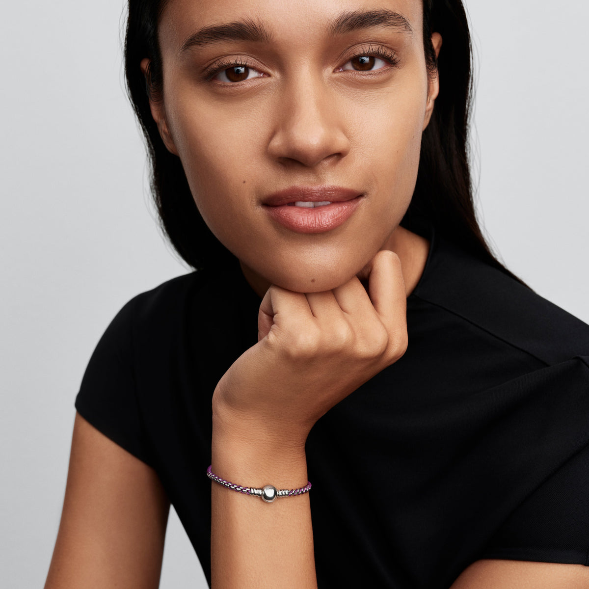 Pandora Bracelet Featuring Purple Cord Box Chain