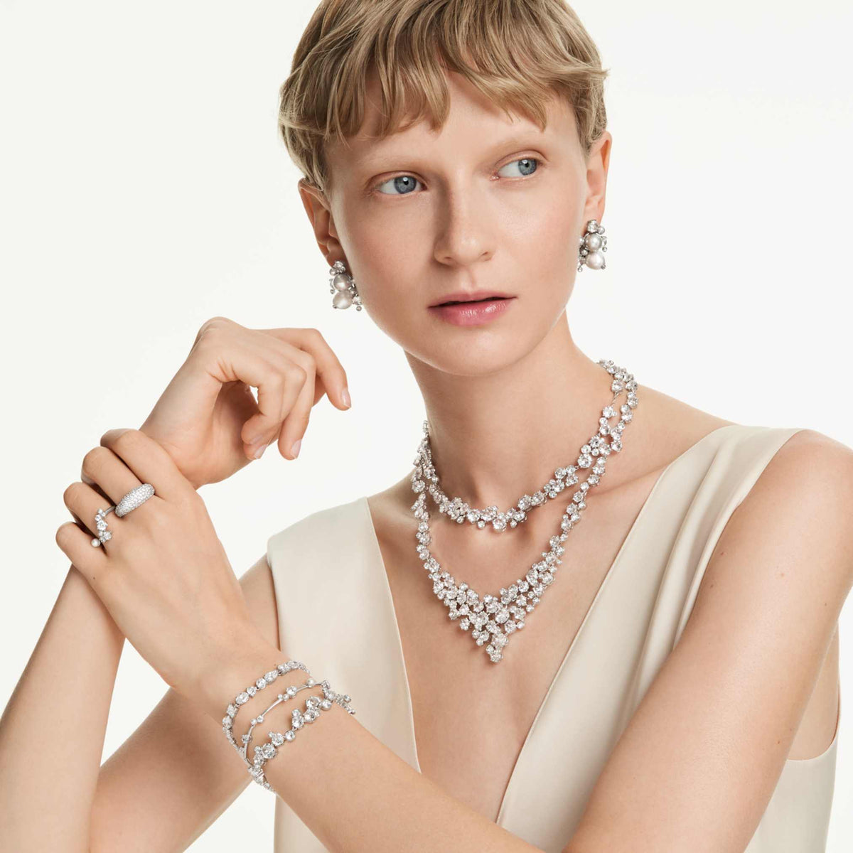 Swarovski Constella necklace with white round-cut accents and rhodium plating