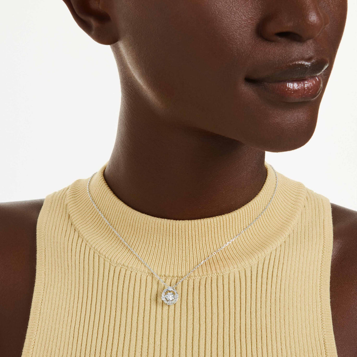 Swarovski Constella pendant Round cut, Dancing stone, Pink, 18K rose gold finish