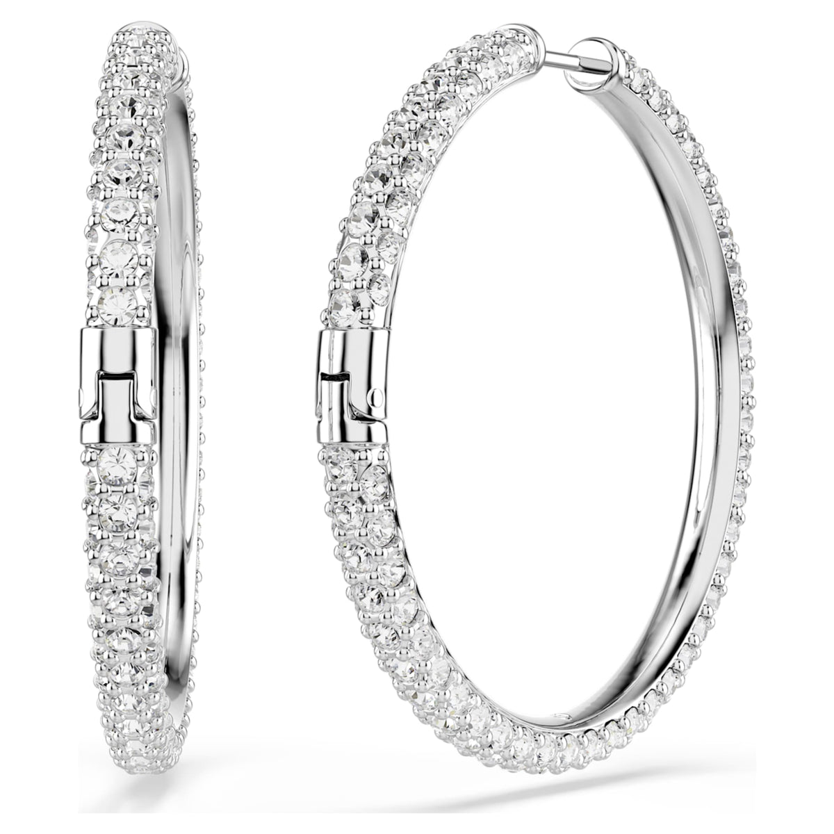Swarovski Dextera hoop earrings with white round-cut accents and rhodium plating