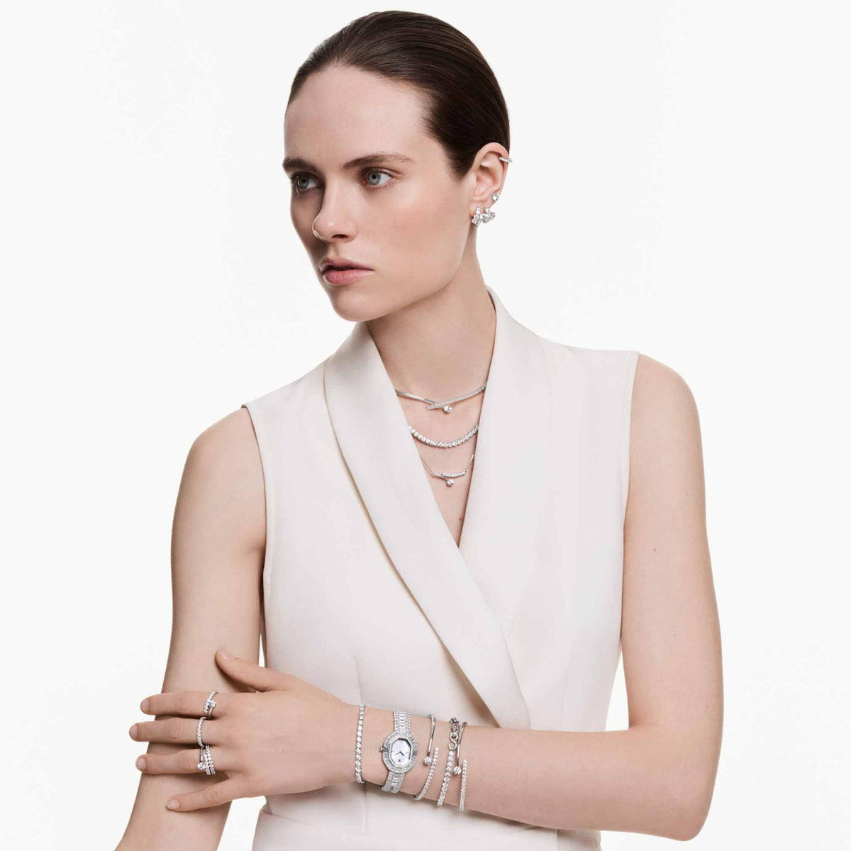 Swarovski Matrix Vittore hoop earrings with white round-cut accents and rhodium plating