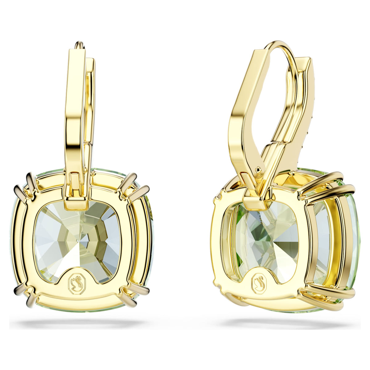 Swarovski Millenia drop earrings with green cushion-cut accents and an 18K gold finish