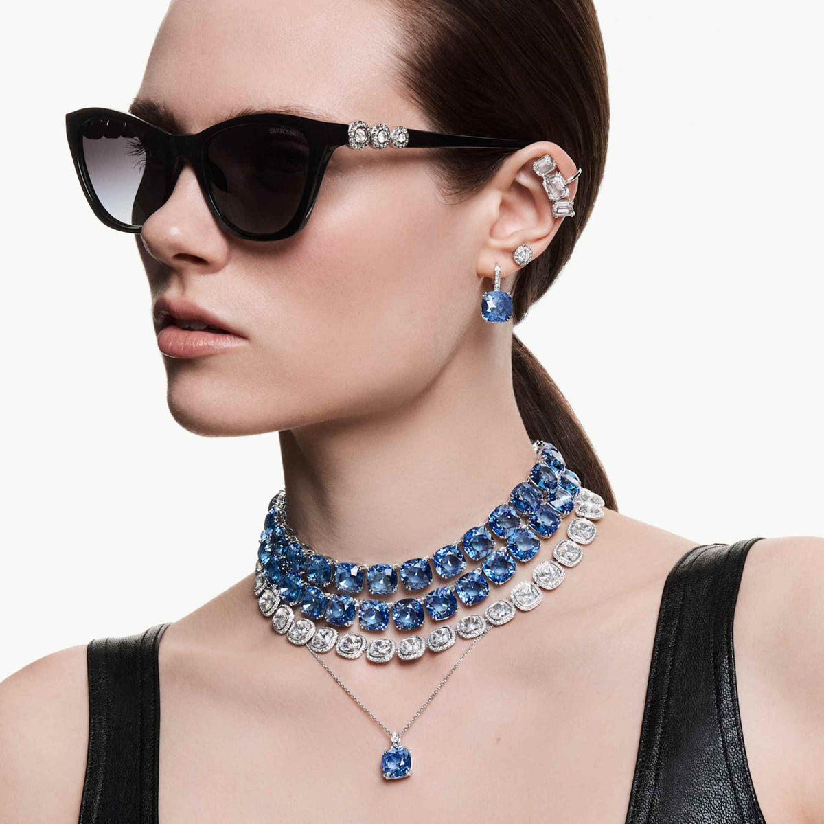 Swarovski Millenia necklace with blue cushion-cut accents and rhodium plating