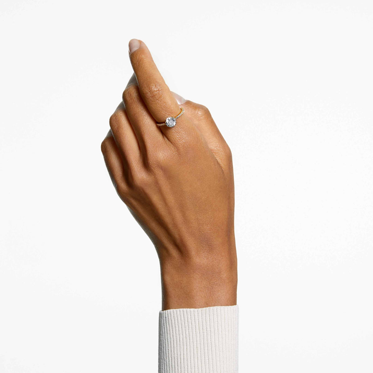 Swarovski Stilla cocktail ring with white round-cut accents and an 18K rose gold finish