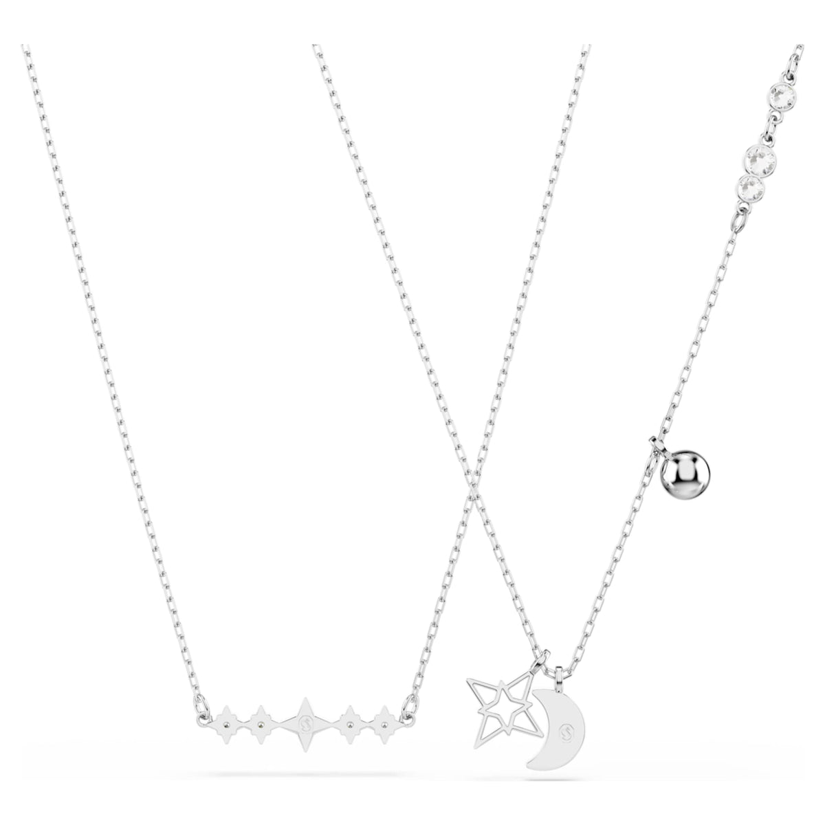 Swarovski Symbolica necklace featuring a moon motif with blue round-cut accents and rhodium plating