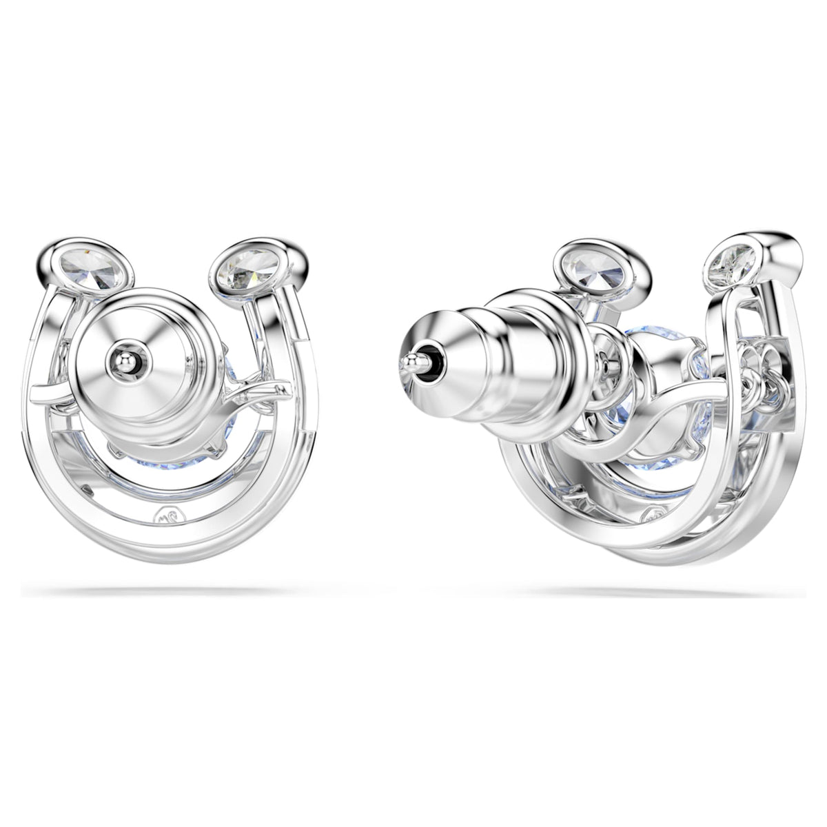 Swarovski Symbolica stud earrings featuring a horse shoe motif with blue round-cut accents and rhodium plating
