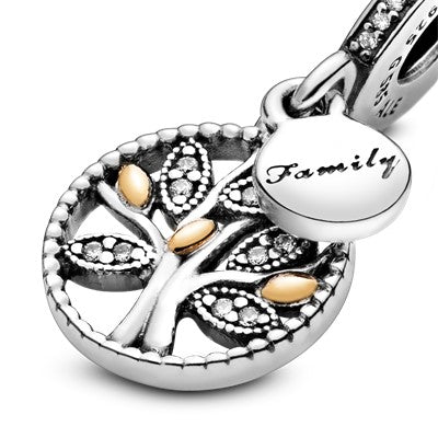 Pandora Charm Featuring Family tree silver dangle with 14k and clear cubic zirconia
