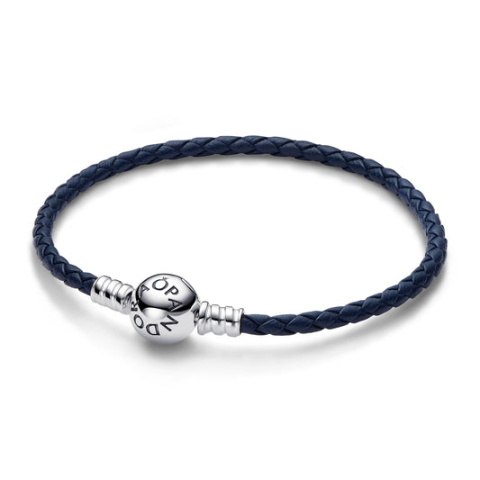Pandora Moments Round Clasp Blue Braided Leather Bracelet