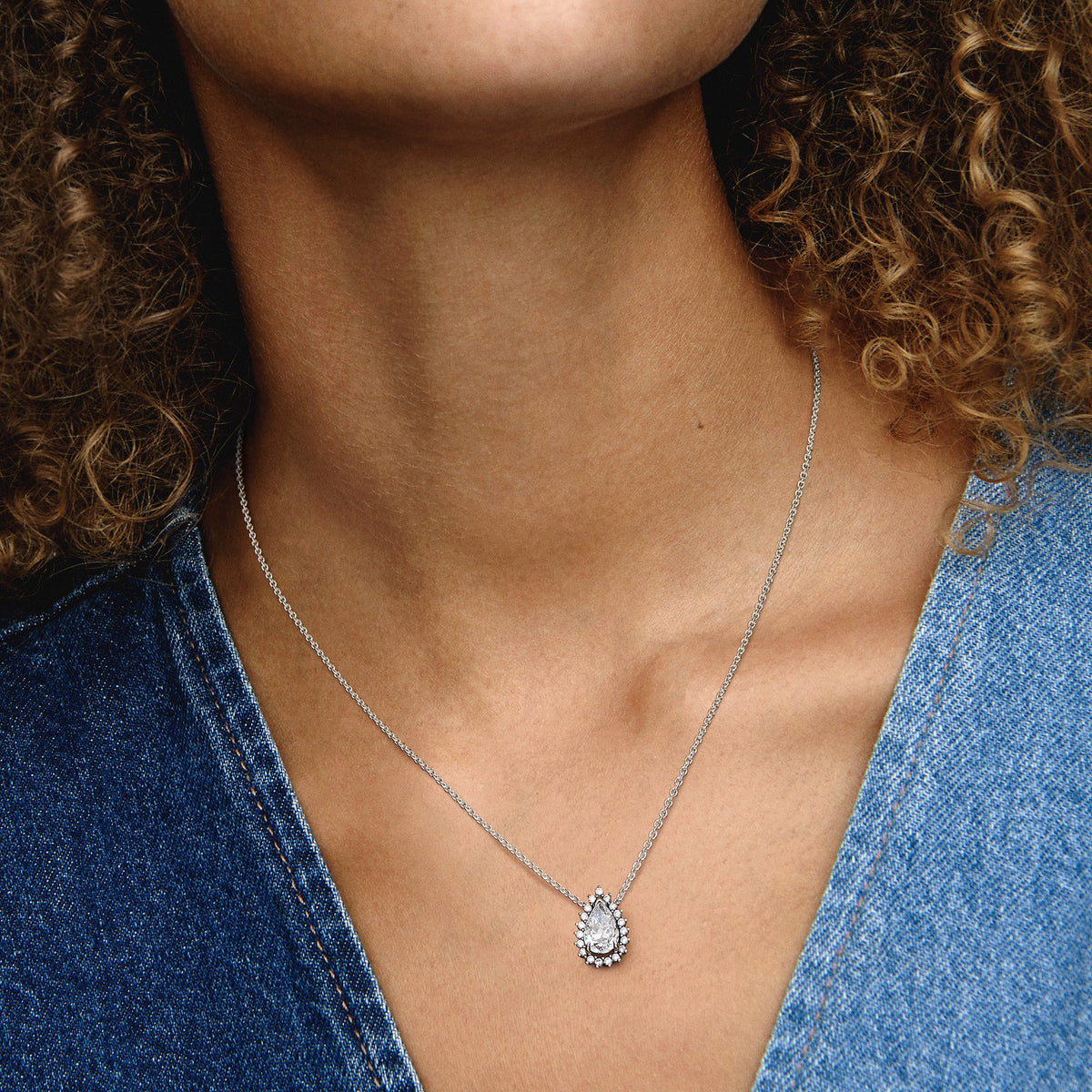 Pandora Necklace Featuring Sparkling Pear Halo