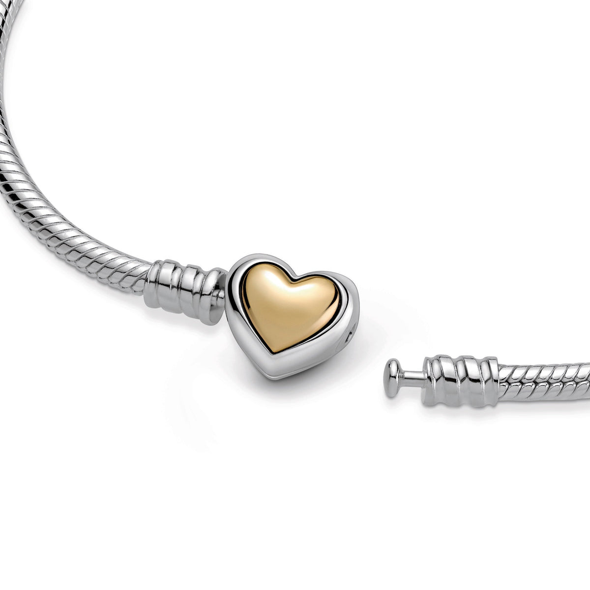 Pandora Bracelet Featuring Domed Golden Heart Clasp Snake Chain