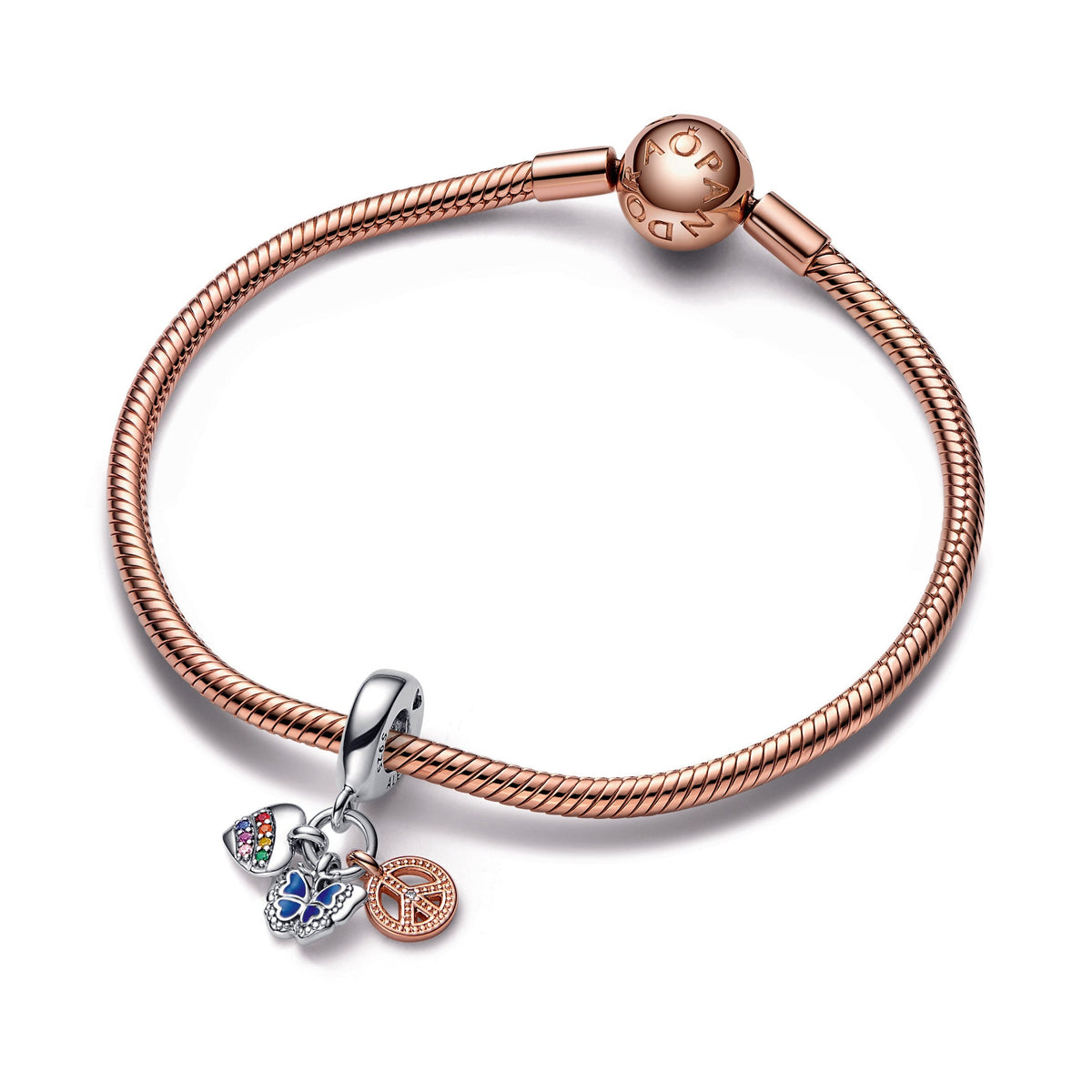 Pandora Charm Featuring Two-Tone Rainbow Heart, Butterfly & Peace Triple Dangle