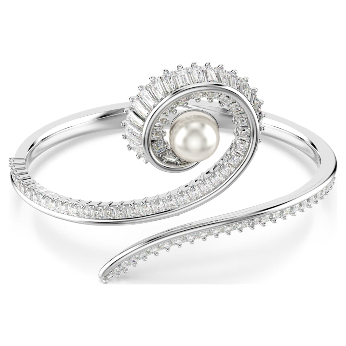 Ariana Grande x Swarovski bangle Crystal pearl, Baguette cut, White, Rhodium plated