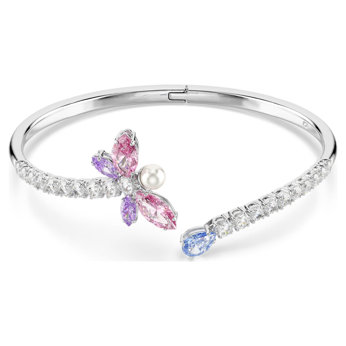 Ariana Grande x Swarovski bangle featuring a dragonfly motif with multicolored mixed-cut accents and rhodium plating