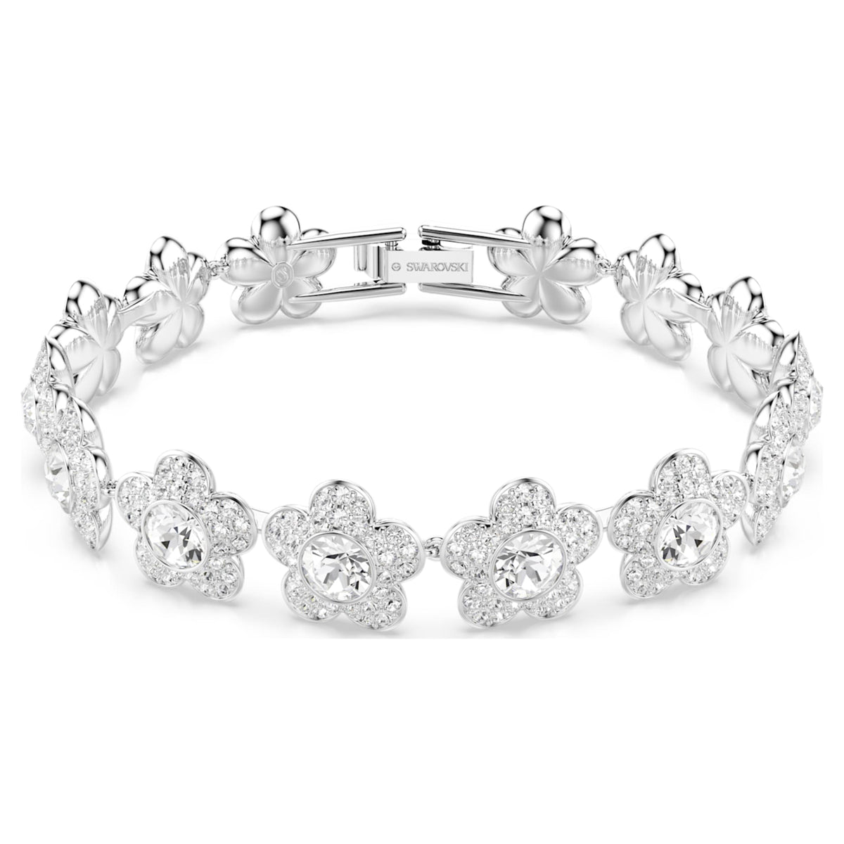 Ariana Grande x Swarovski bracelet featuring a flower motif with white round-cut accents and rhodium plating