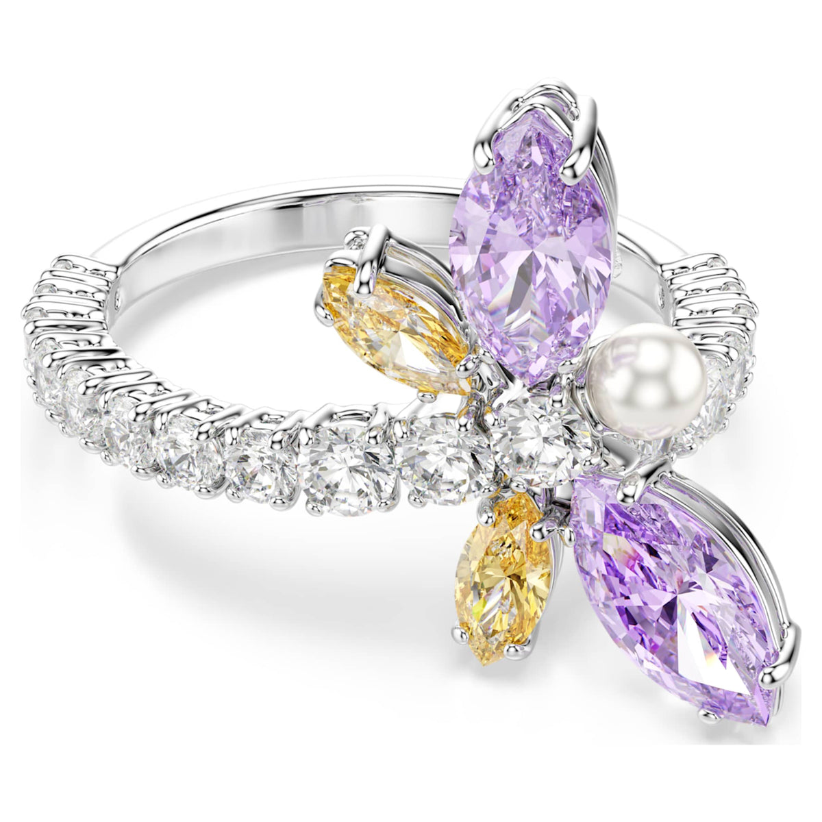 Ariana Grande x Swarovski motif ring featuring a dragonfly motif with multicolored mixed-cut accents and rhodium plating