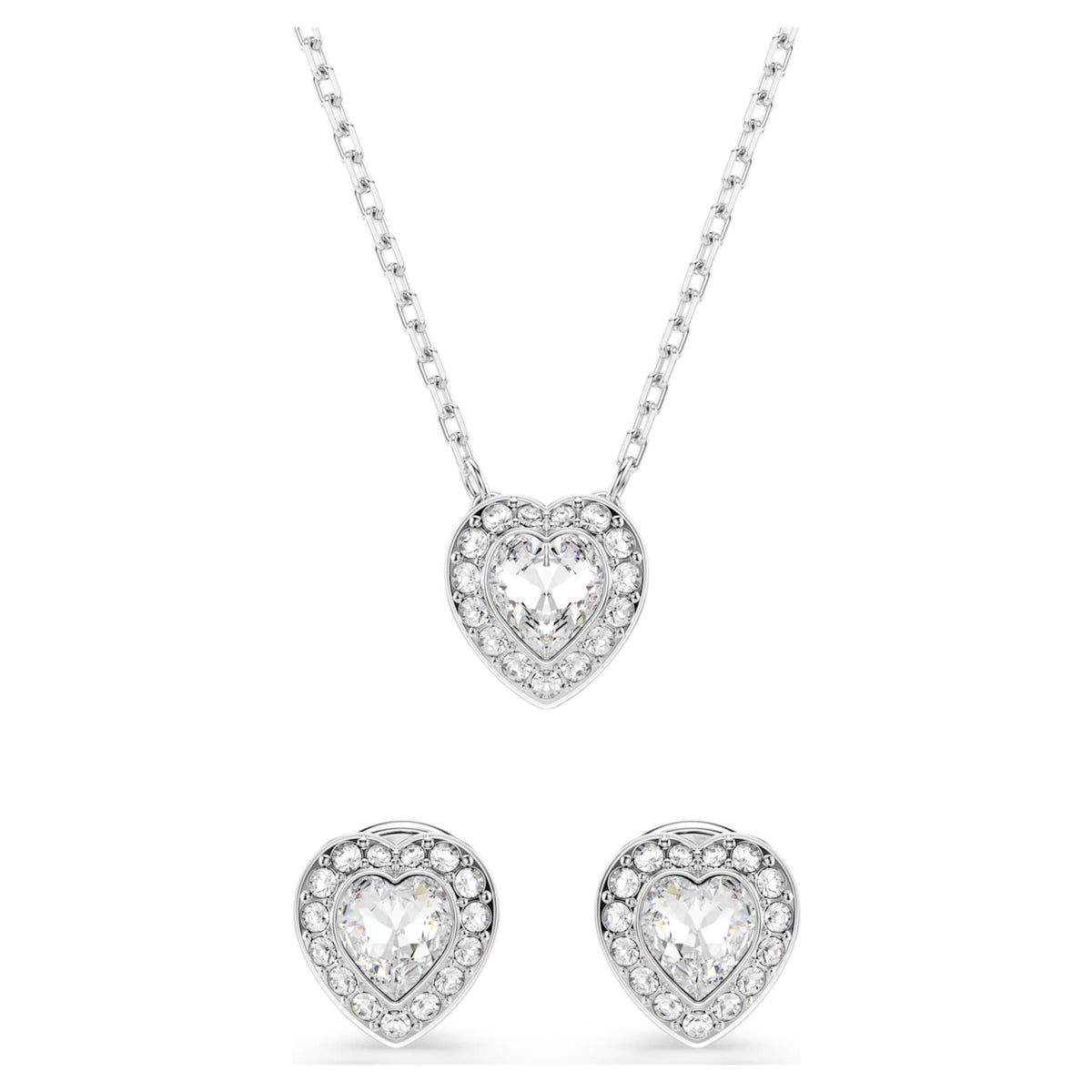 Ariana Grande x Swarovski set featuring a heart motif with white mixed-cut accents and rhodium plating