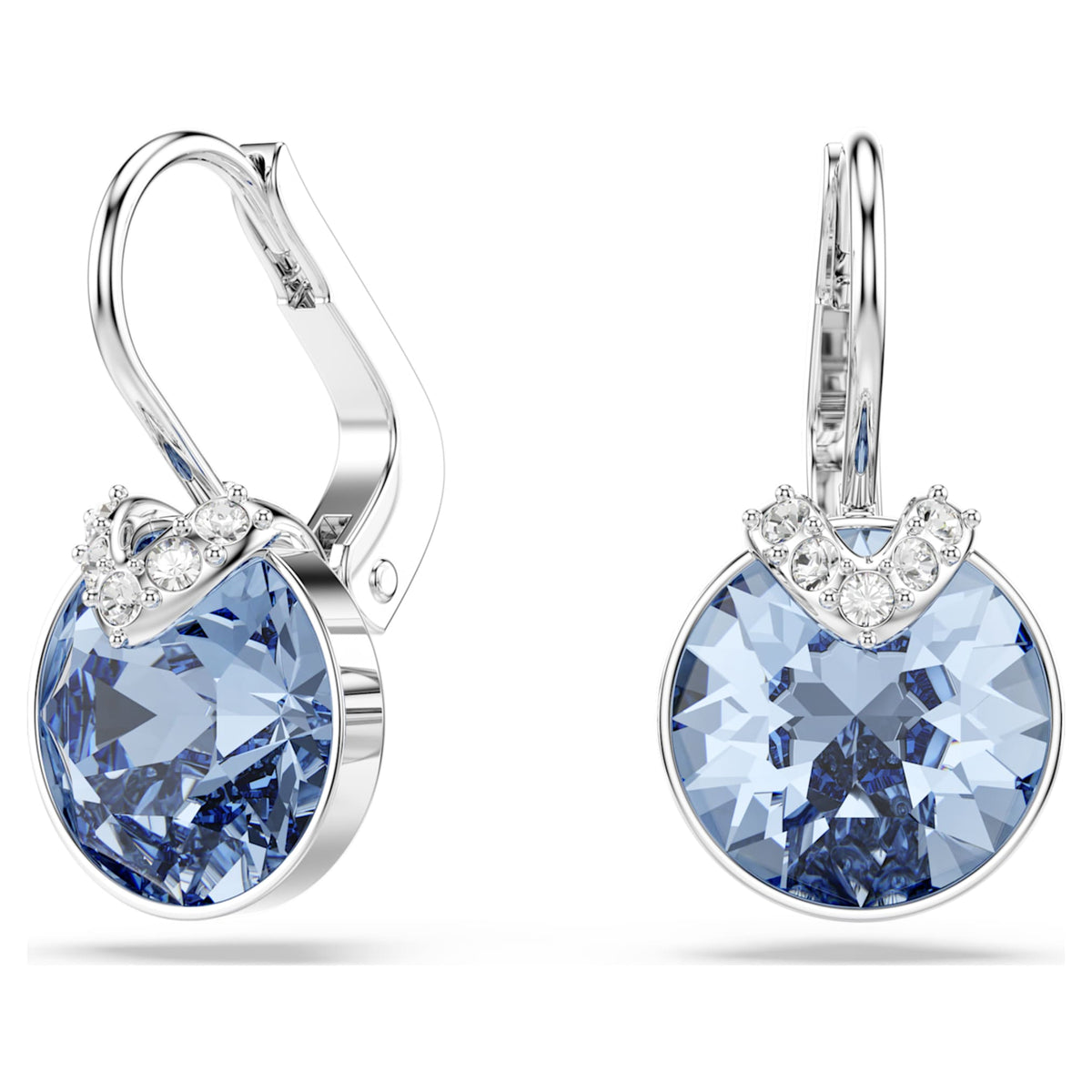 Swarovski Bella V drop earrings with blue round-cut accents and rhodium plating