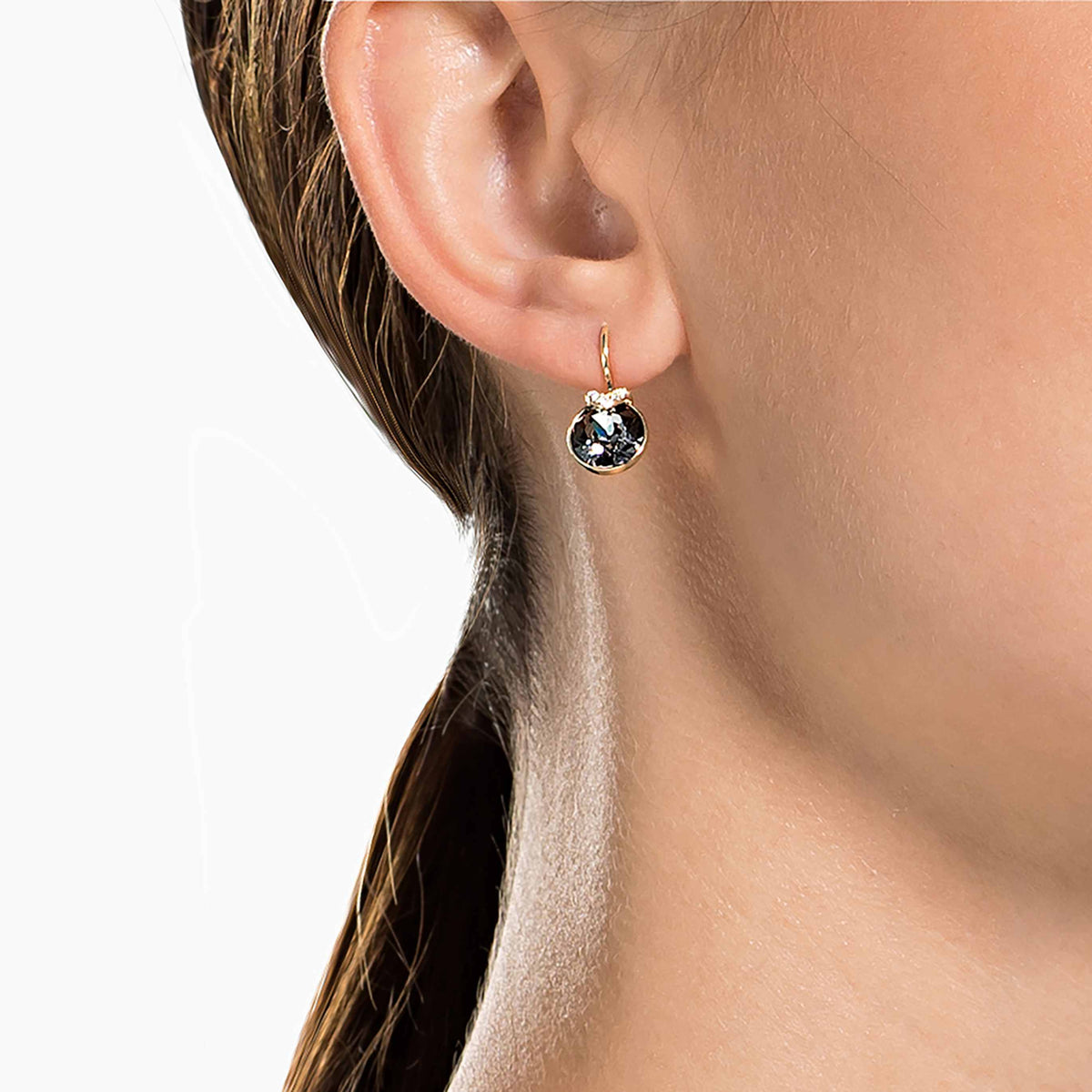 Swarovski Bella V drop earrings with blue round-cut accents and rhodium plating