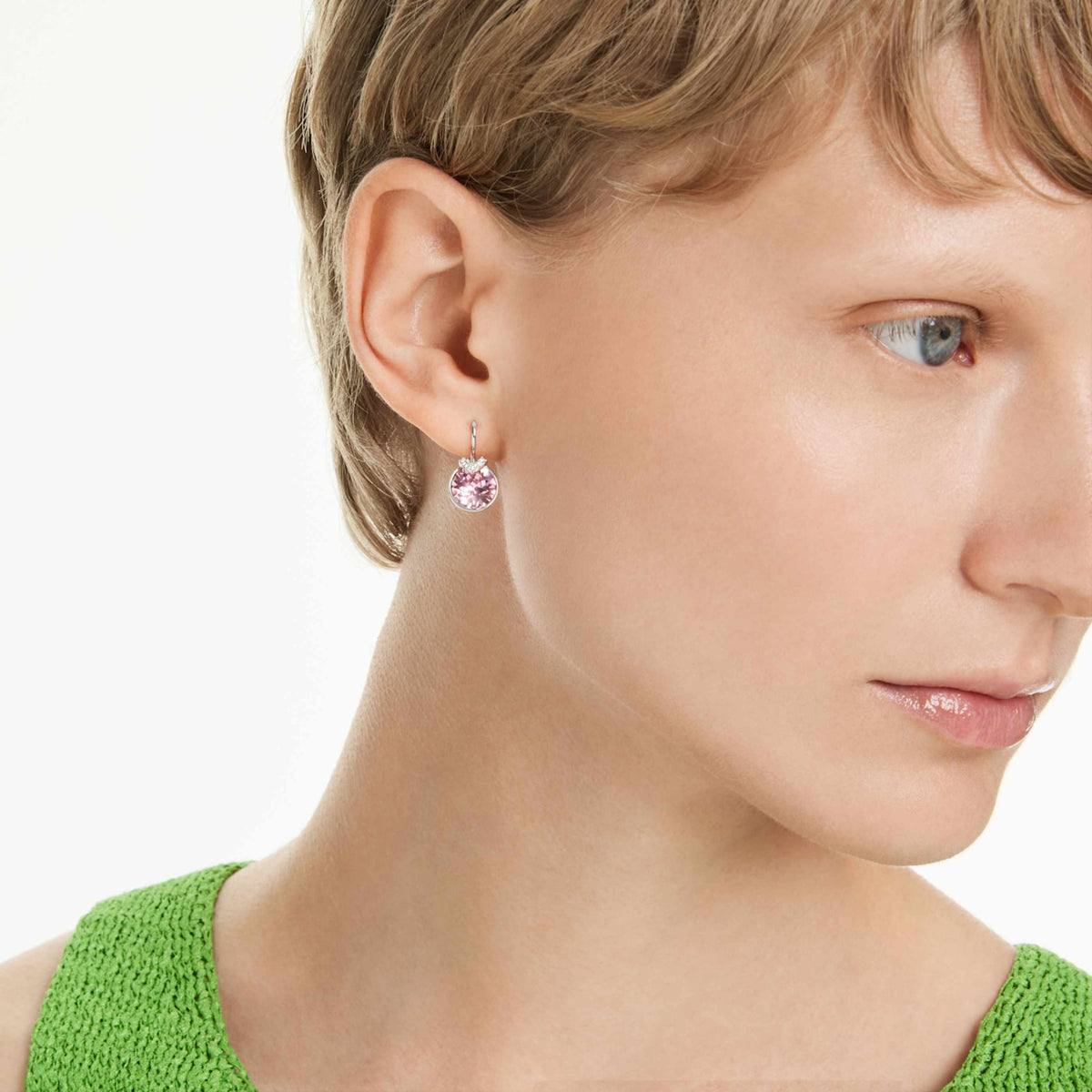 Swarovski Bella V drop earrings with blue round-cut accents and rhodium plating