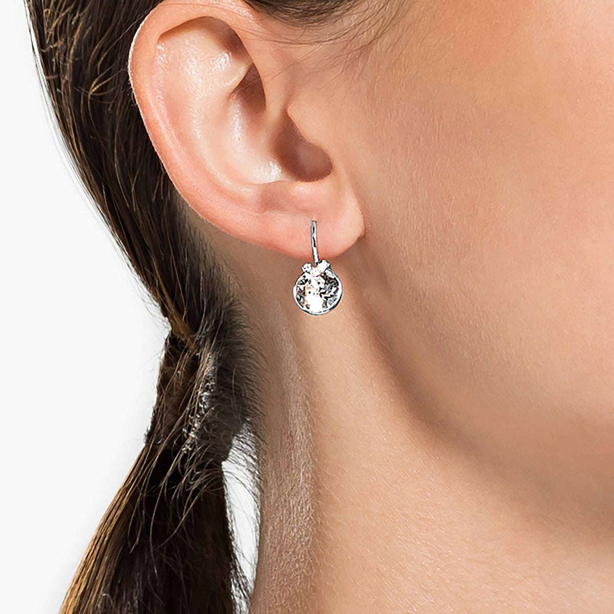 Swarovski Bella V drop earrings with blue round-cut accents and rhodium plating