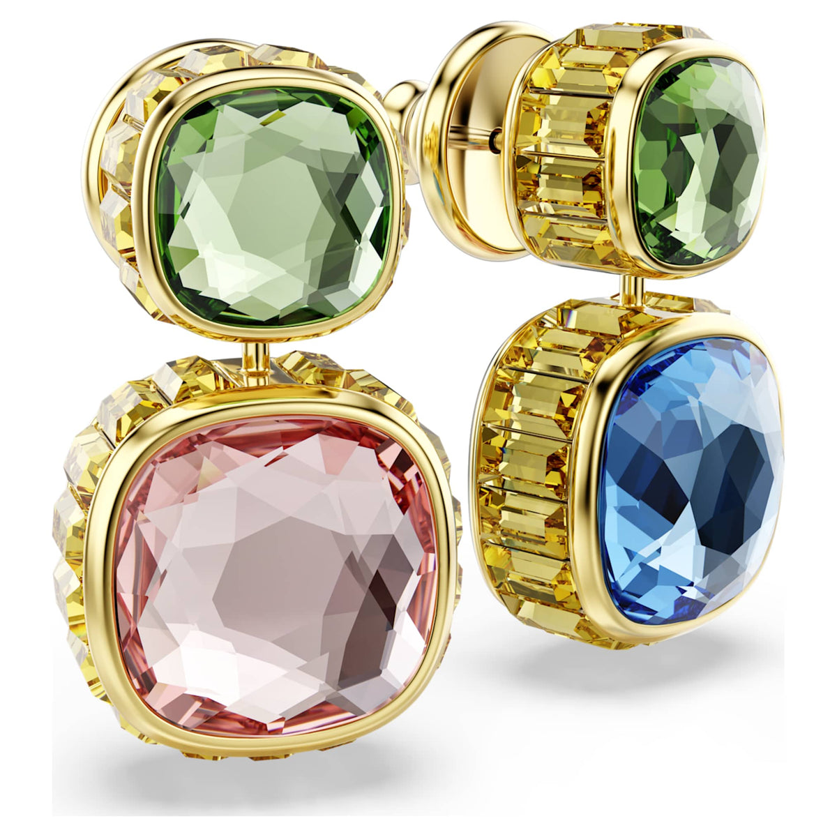 Swarovski Chroma drop earrings with multicolored cushion-cut accents and an 18K gold finish