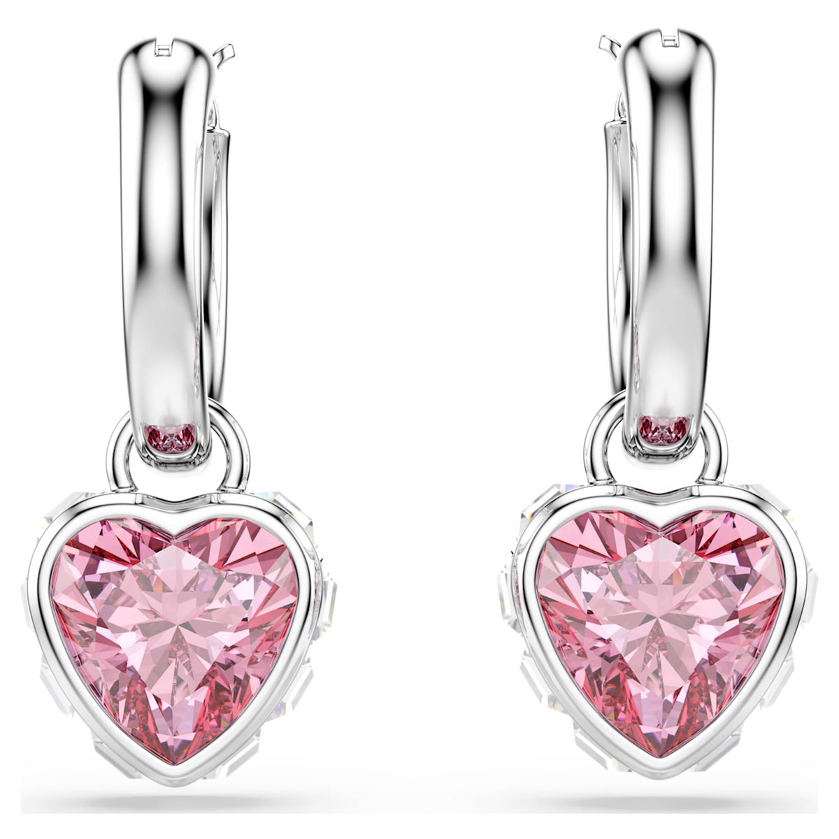 Swarovski Chroma drop earrings featuring a heart motif with pink accents and rhodium plating