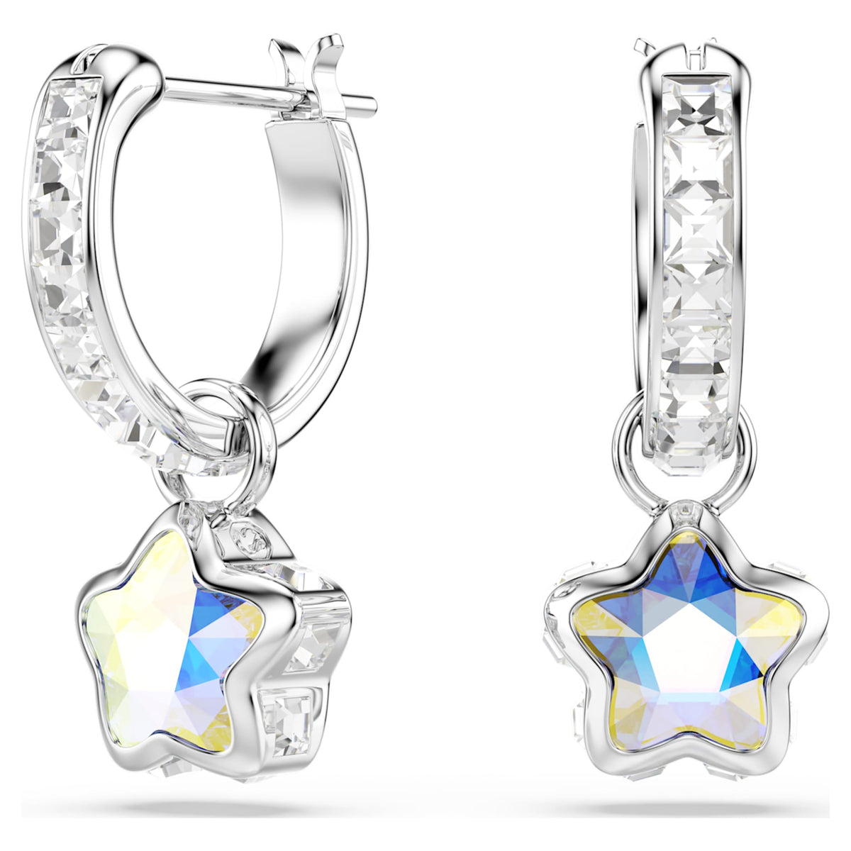 Swarovski Chroma drop earrings featuring a star motif with white mixed-cut accents and rhodium plating