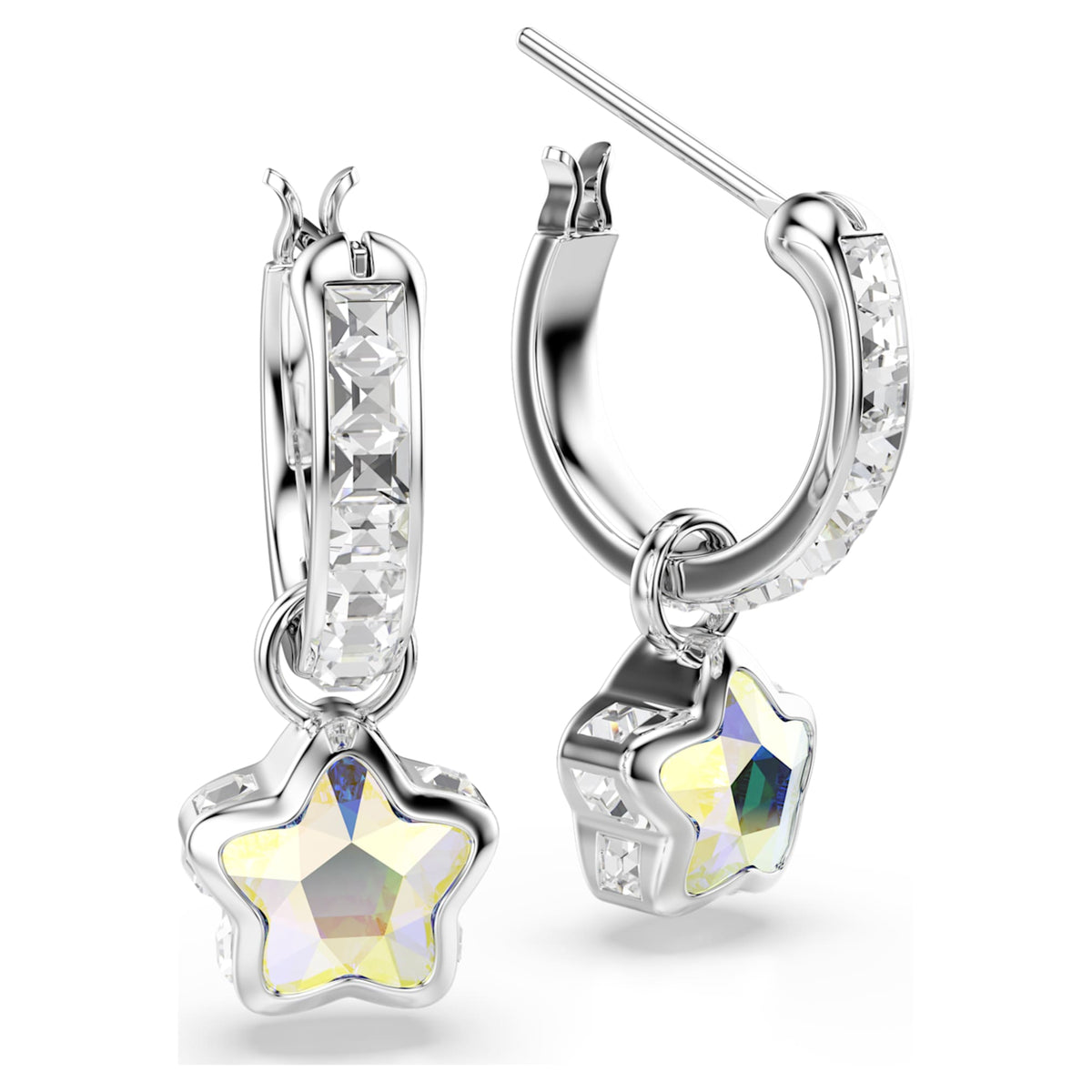 Swarovski Chroma drop earrings featuring a star motif with white mixed-cut accents and rhodium plating