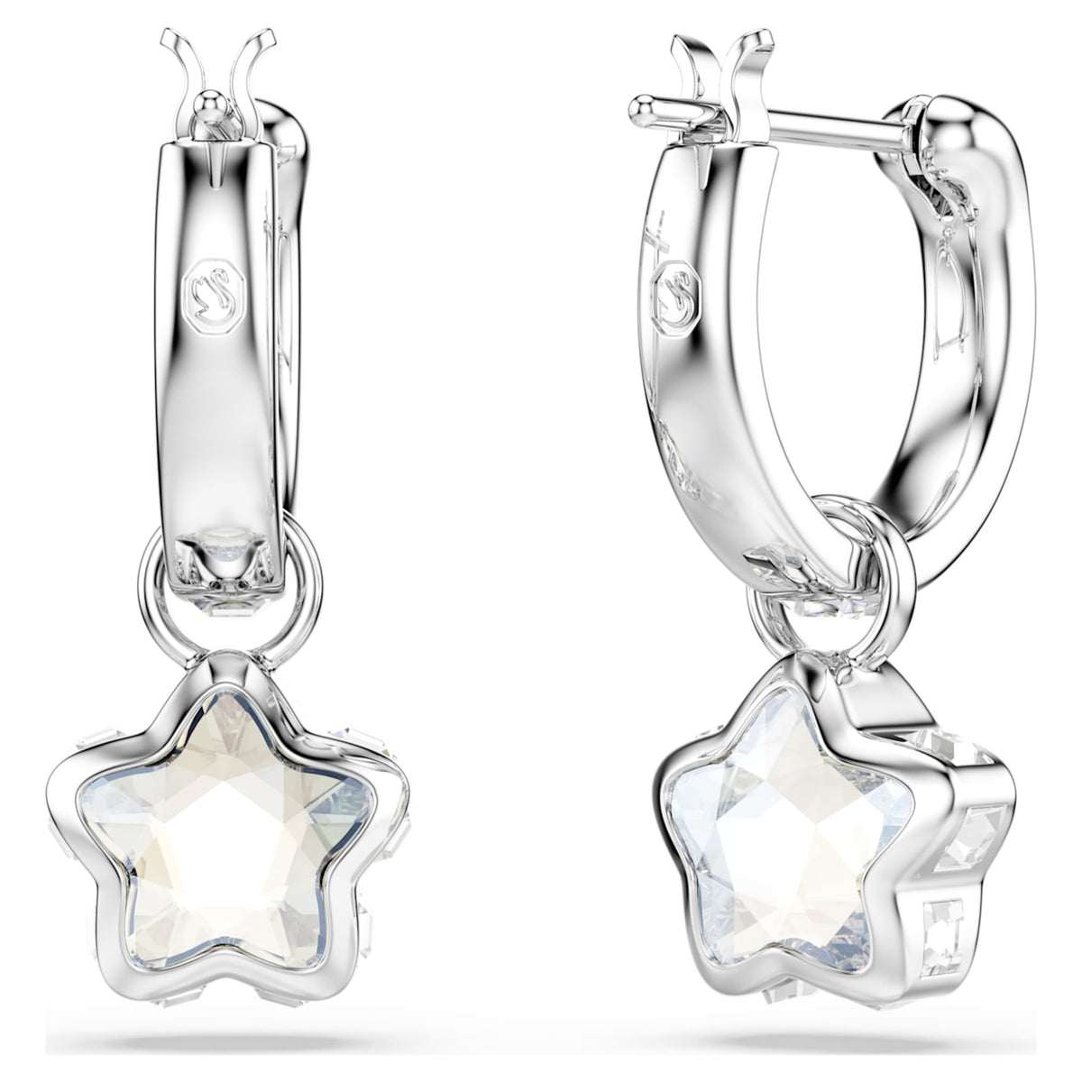 Swarovski Chroma drop earrings featuring a star motif with white mixed-cut accents and rhodium plating
