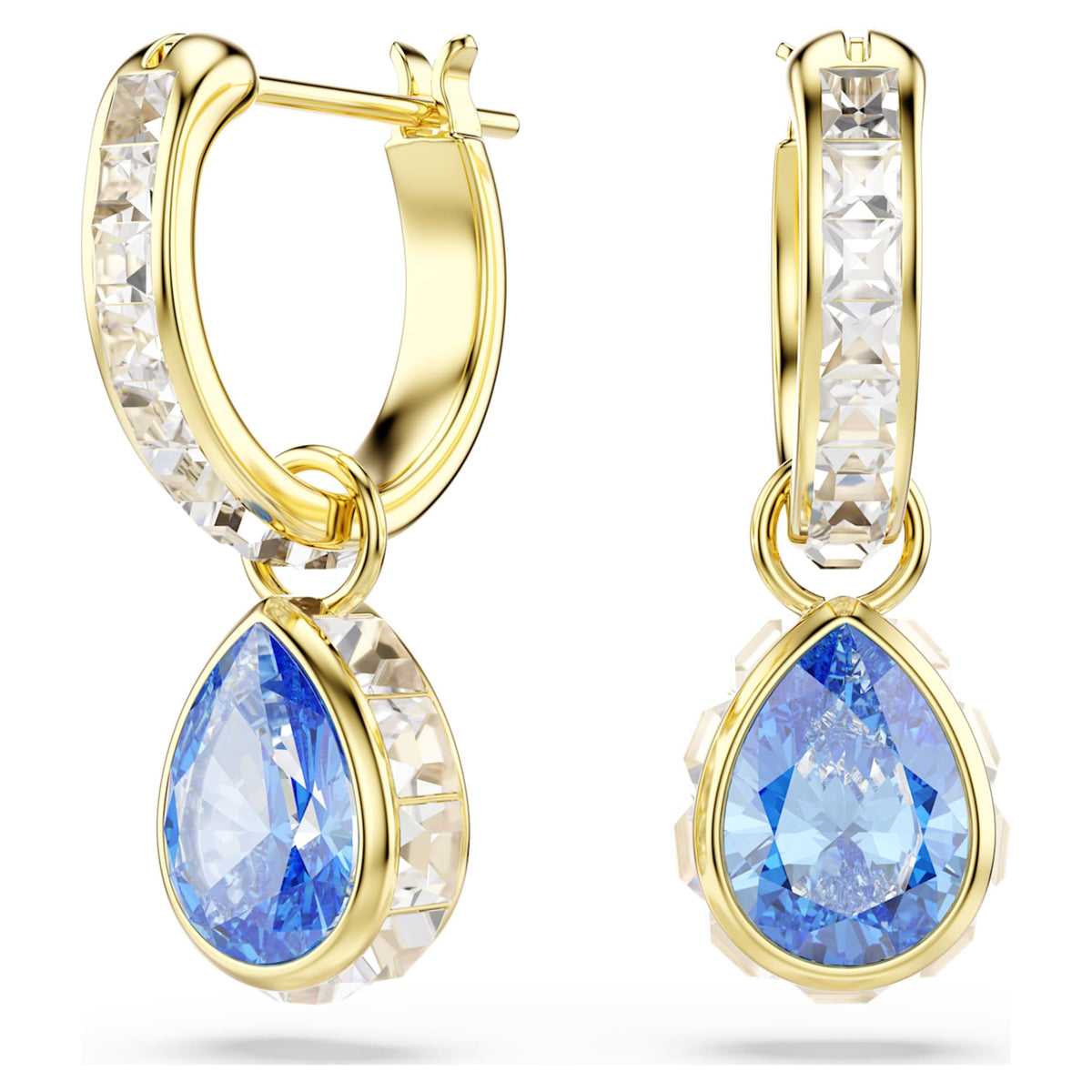 Swarovski Chroma drop earrings with blue pear-cut accents and an 18K gold finish