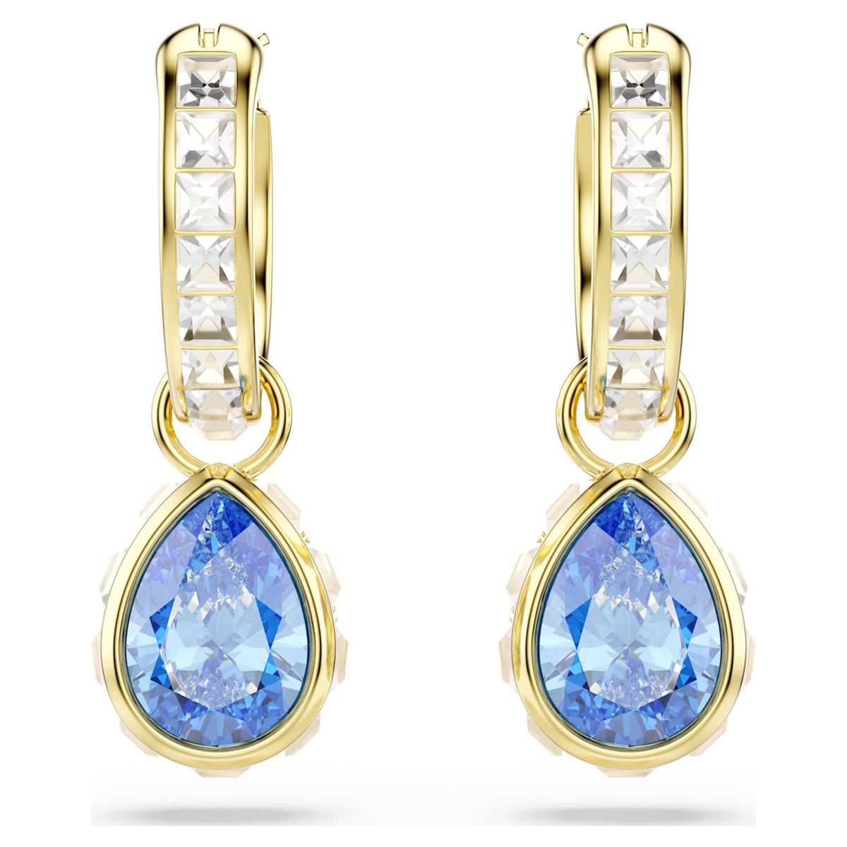 Swarovski Chroma drop earrings with blue pear-cut accents and an 18K gold finish