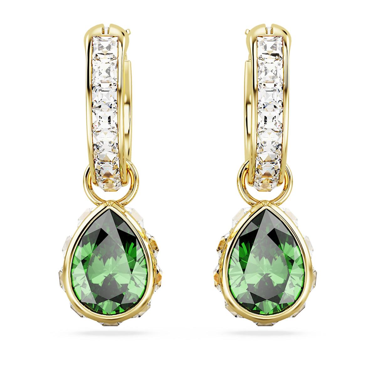 Swarovski Chroma drop earrings with green pear-cut accents and an 18K gold finish