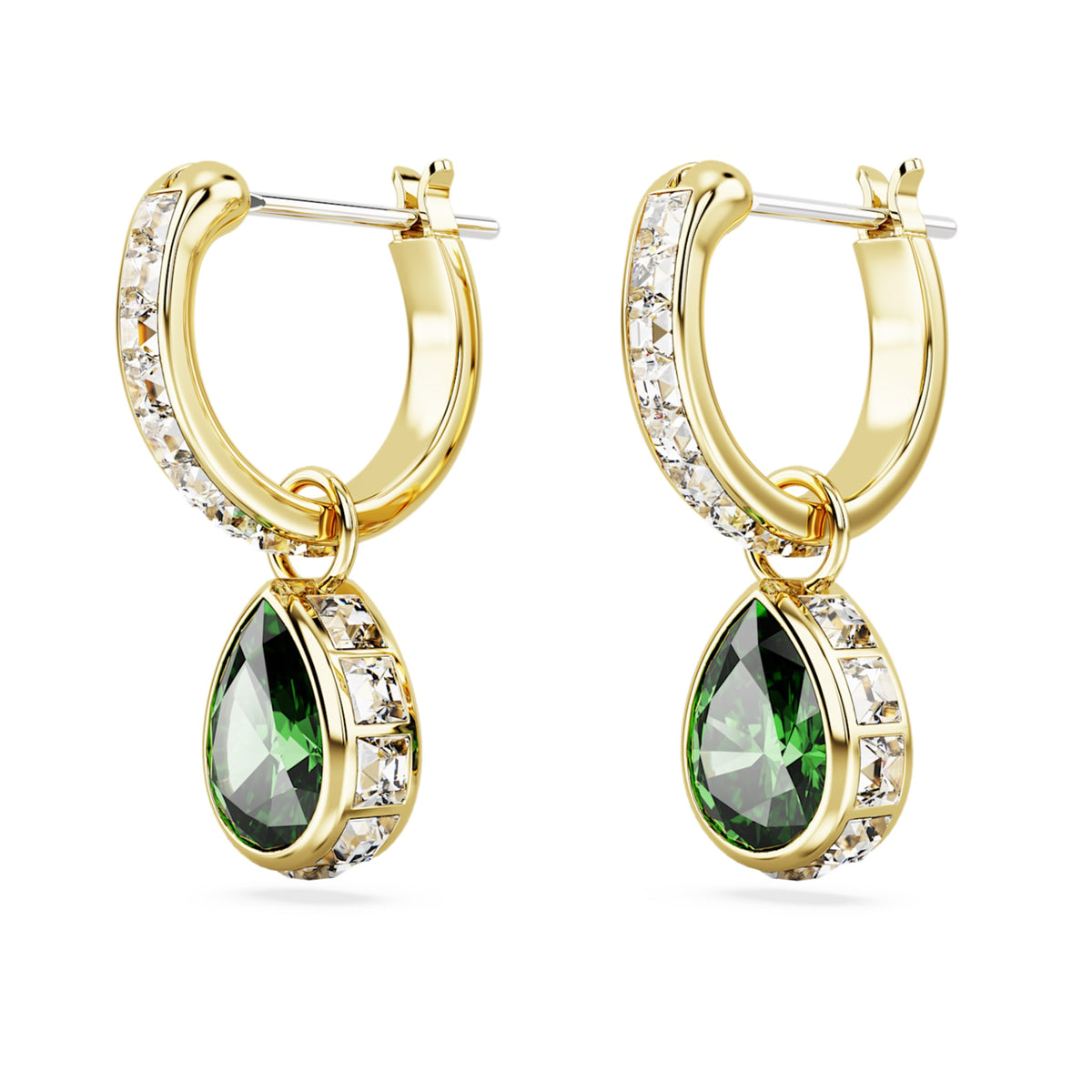 Swarovski Chroma drop earrings with green pear-cut accents and an 18K gold finish