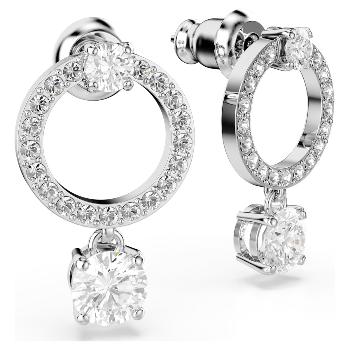 Swarovski Constella hoop earrings with white round-cut accents and rhodium plating