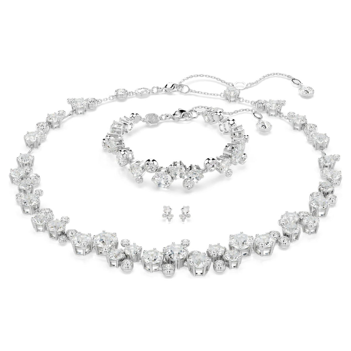 Swarovski Constella set with white mixed-cut accents and rhodium plating