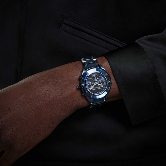 Swarovski Dextera chrono watch 39mm, Swiss Made, Metal bracelet, Blue, Blue finish