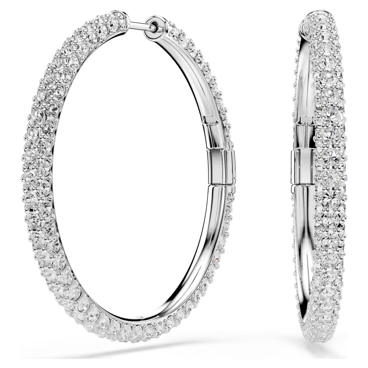 Swarovski Dextera hoop earrings with white round-cut accents and rhodium plating