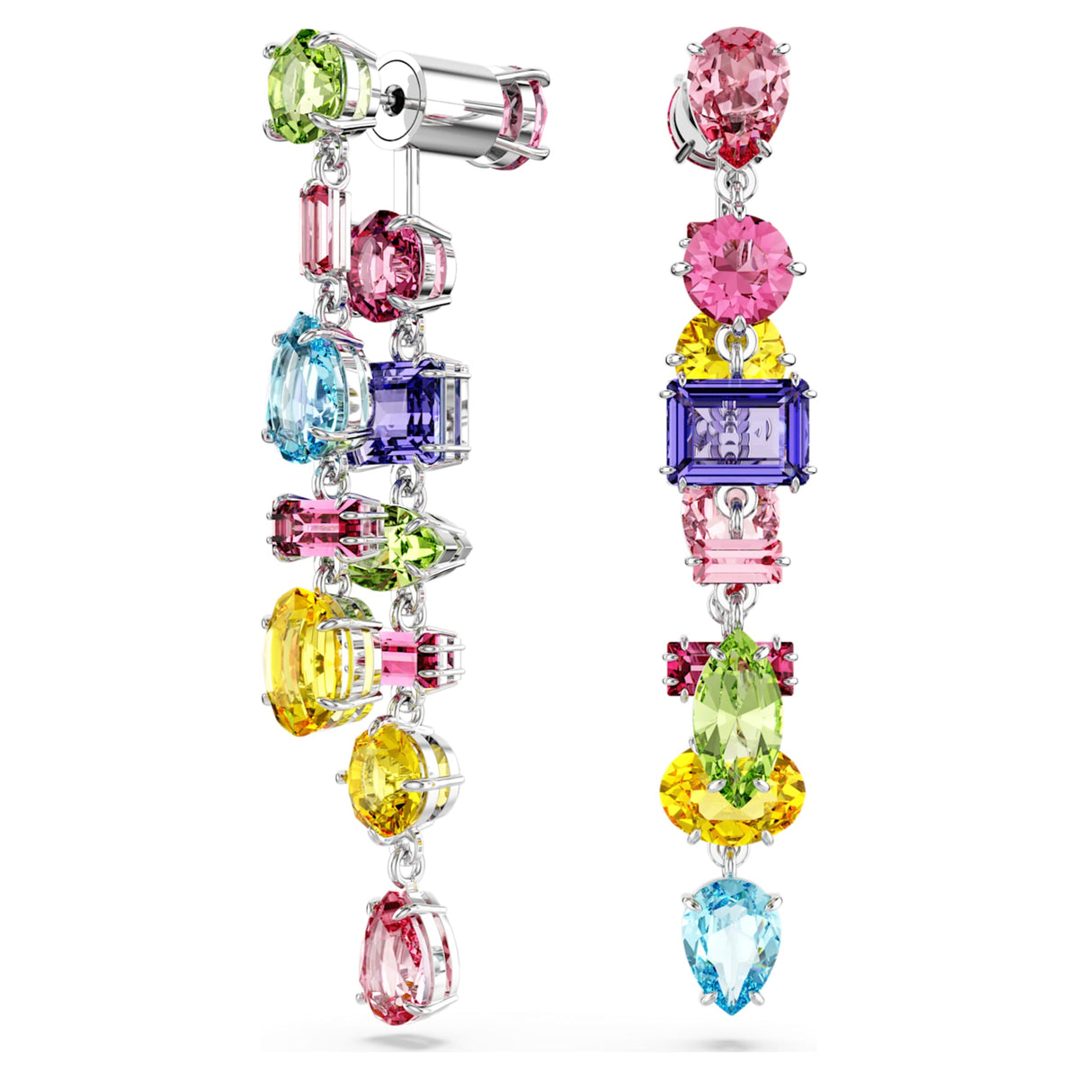 Swarovski Gema drop earrings Asymmetrical design, Mixed cuts, Long, Multicolored, Rhodium plated