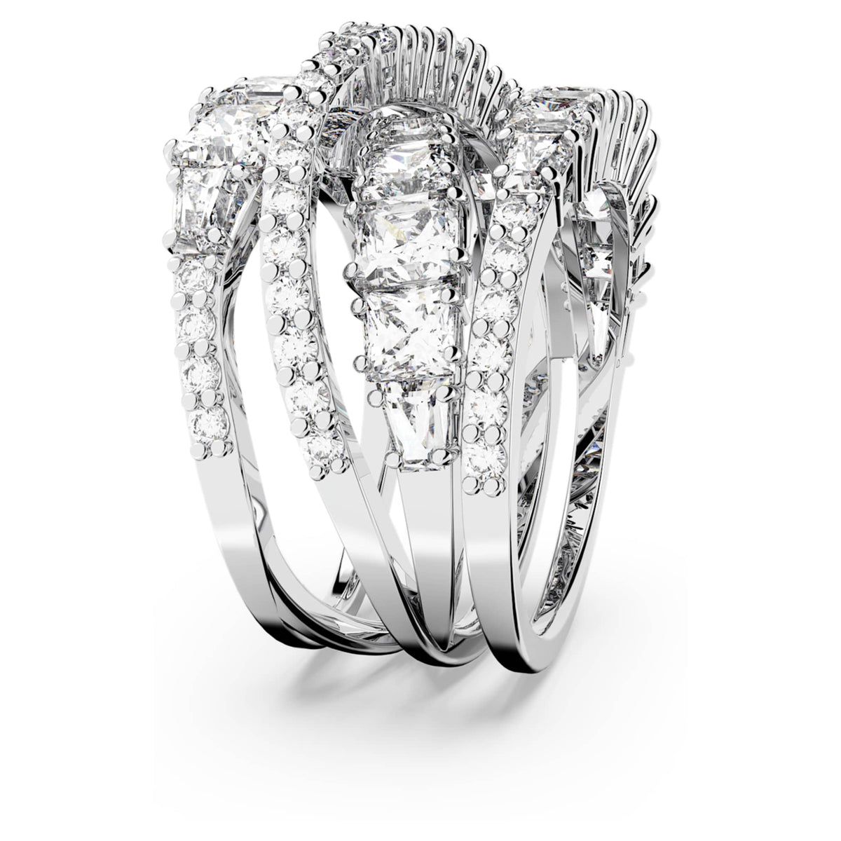 Swarovski Hyperbola ring with white mixed-cut accents and rhodium plating