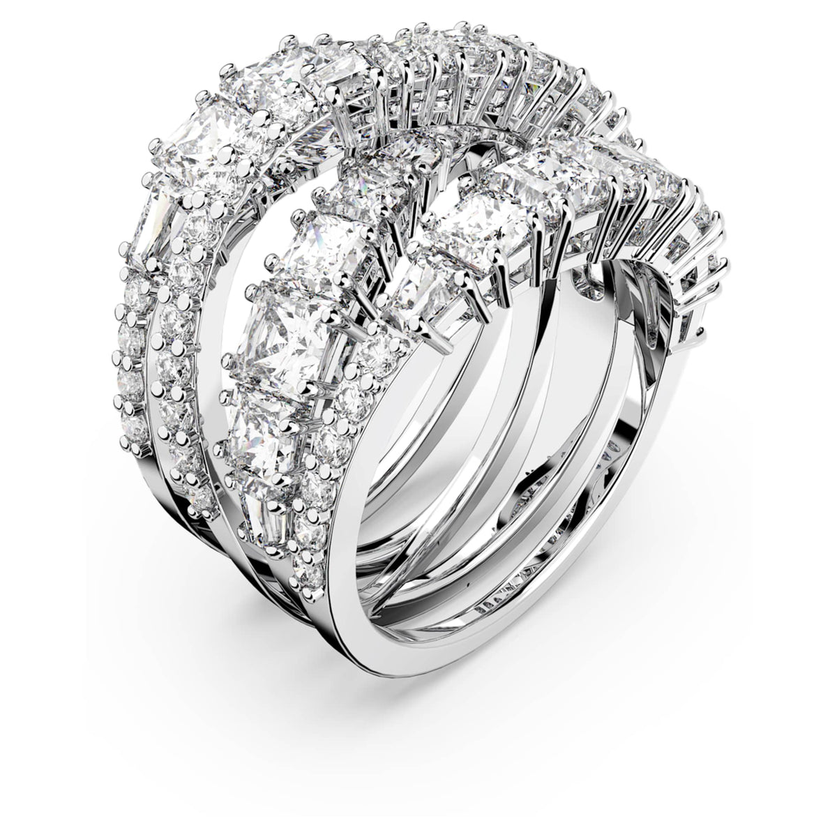 Swarovski Hyperbola ring with white mixed-cut accents and rhodium plating