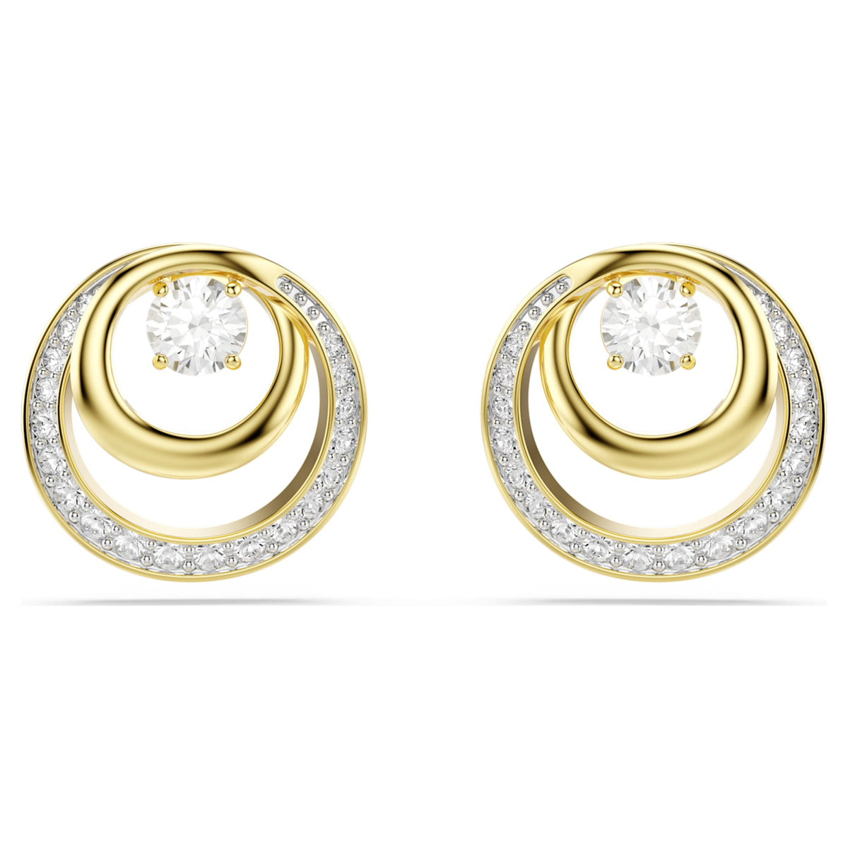 Swarovski Hyperbola stud earrings with white round-cut accents and an 18K gold finish