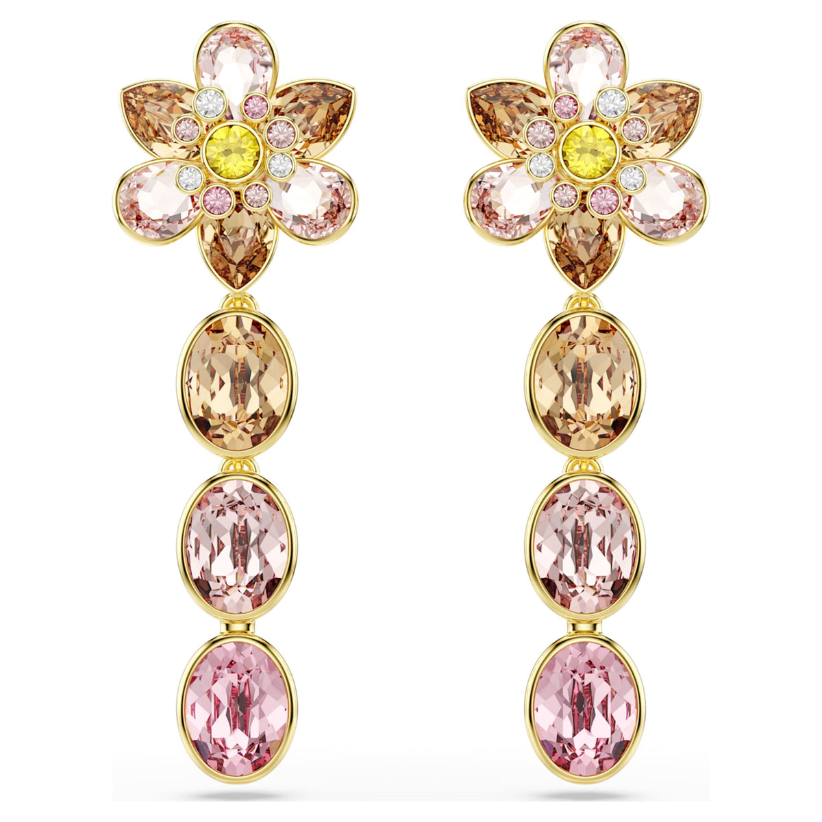 Swarovski Idyllia drop earrings featuring a flower motif with multicolored mixed-cut accents and an 18K gold finish