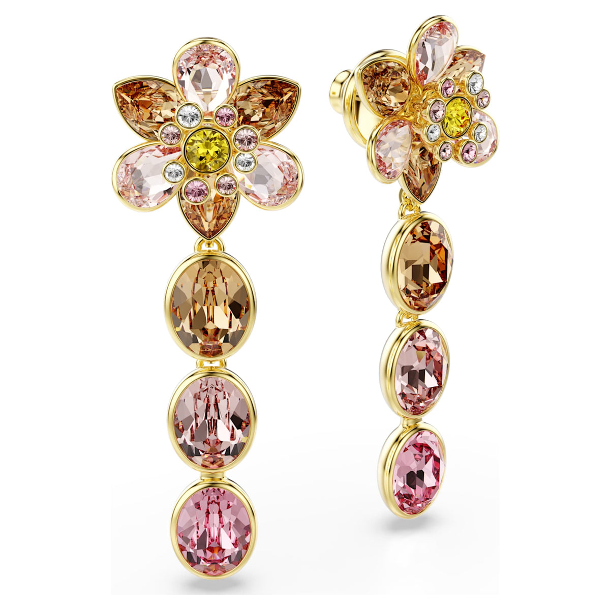 Swarovski Idyllia drop earrings featuring a flower motif with multicolored mixed-cut accents and an 18K gold finish