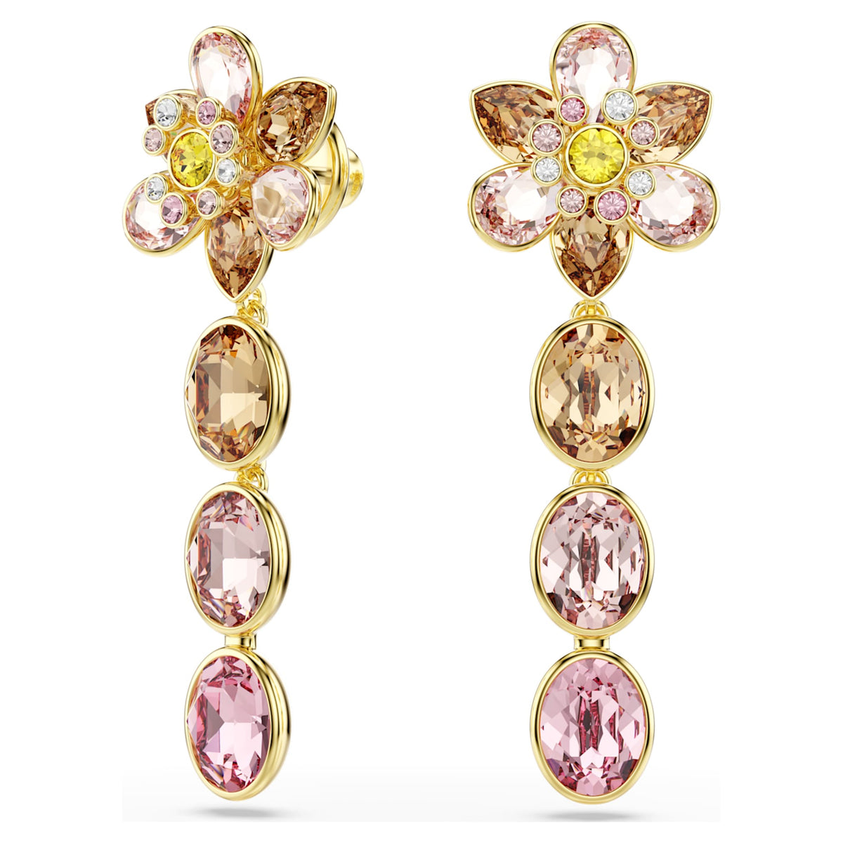 Swarovski Idyllia drop earrings featuring a flower motif with multicolored mixed-cut accents and an 18K gold finish