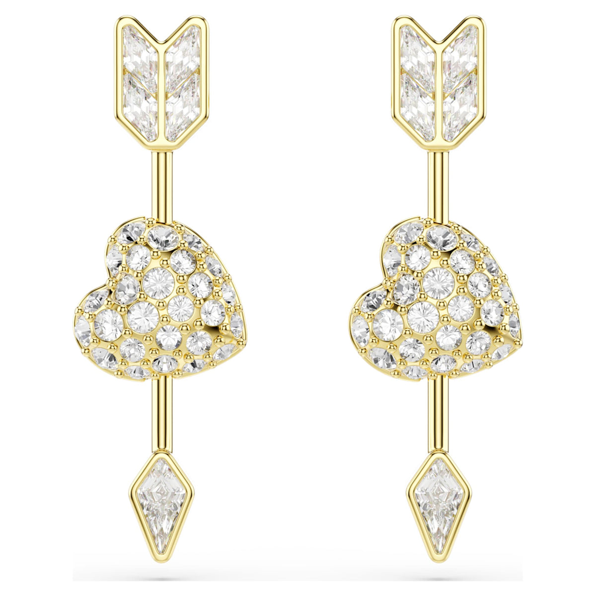 Swarovski Idyllia drop earrings Mixed cuts, Heart with arrow, White, 18K gold finish