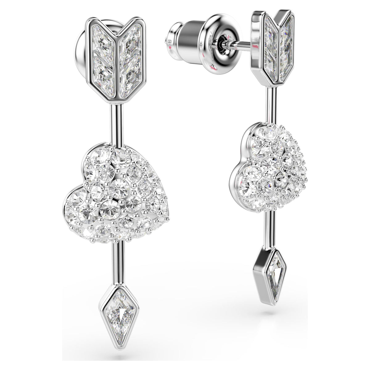 Swarovski Idyllia drop earrings Mixed cuts, Heart with arrow, White, Rhodium plated