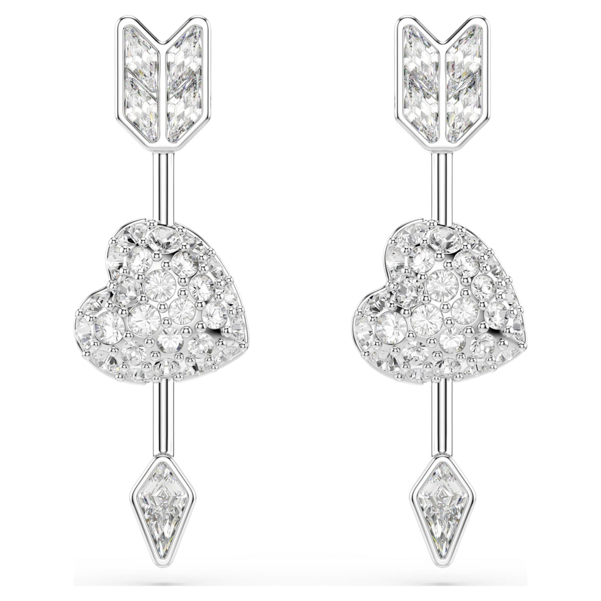 Swarovski Idyllia drop earrings Mixed cuts, Heart with arrow, White, Rhodium plated