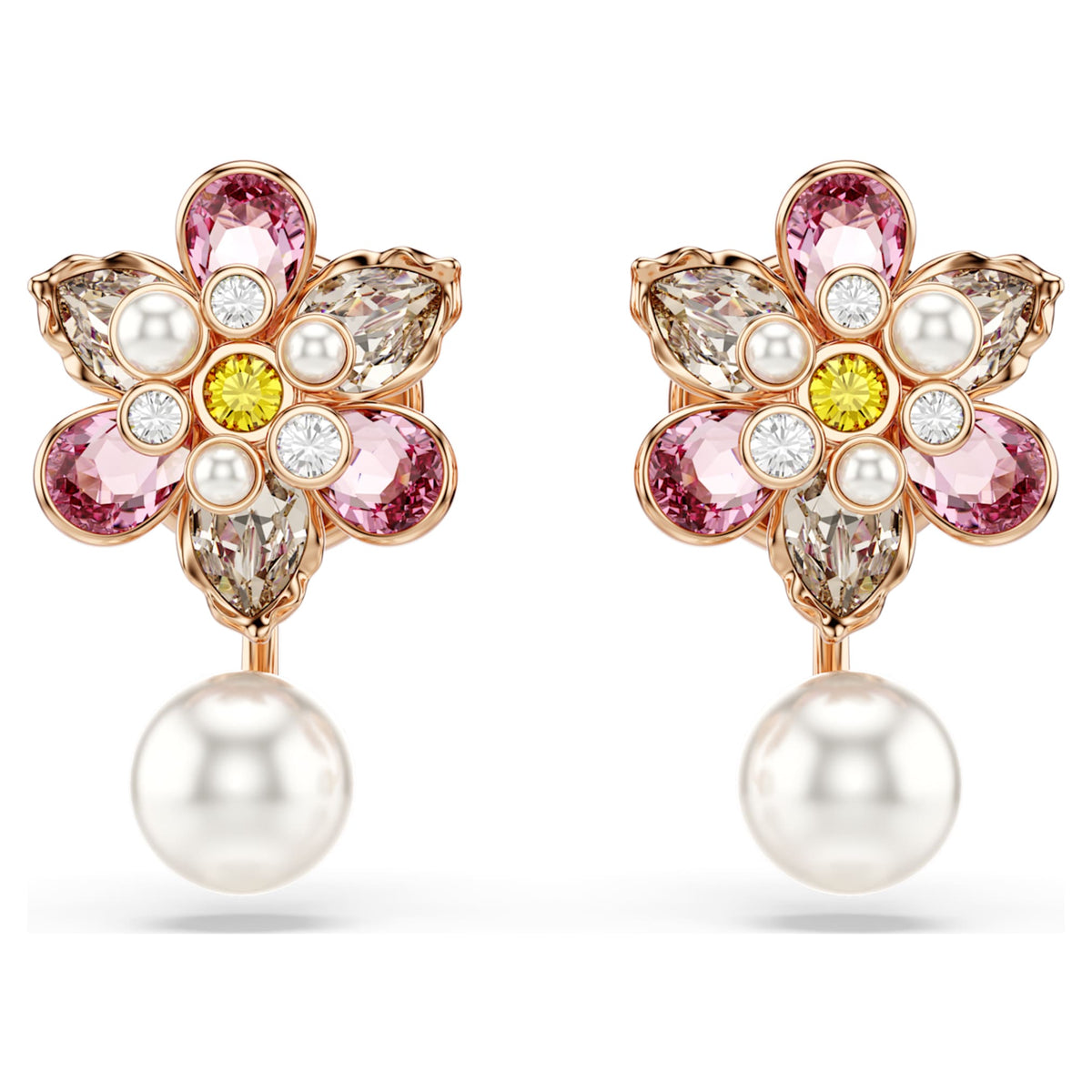 Swarovski Idyllia earring jackets Crystal pearl, Mixed cuts, Flower, Multicolored, 18K rose gold finish