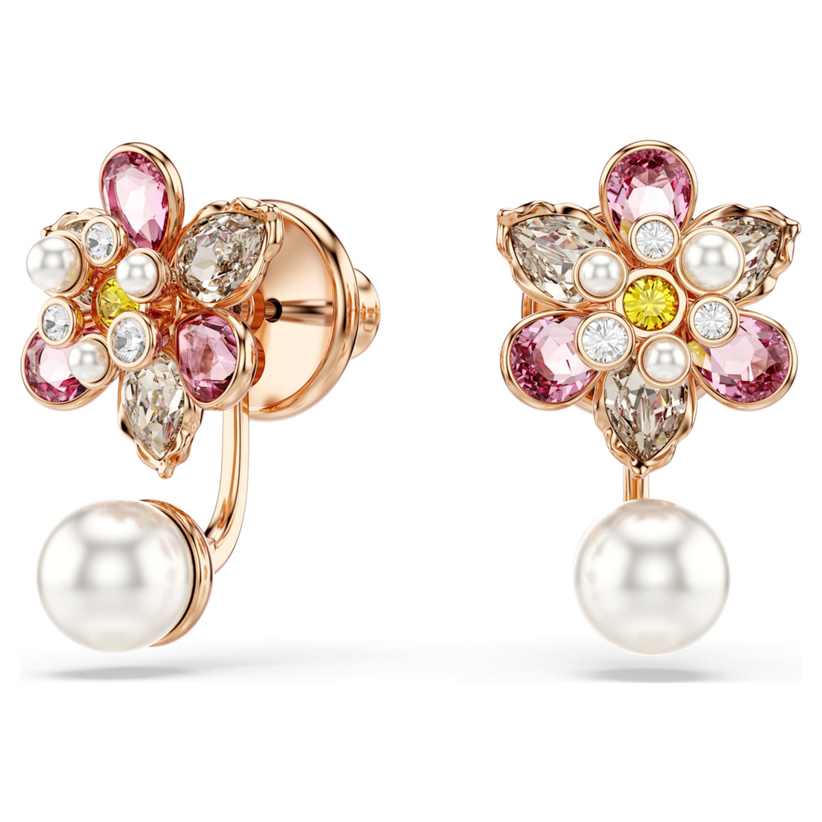 Swarovski Idyllia earring jackets Crystal pearl, Mixed cuts, Flower, Multicolored, 18K rose gold finish