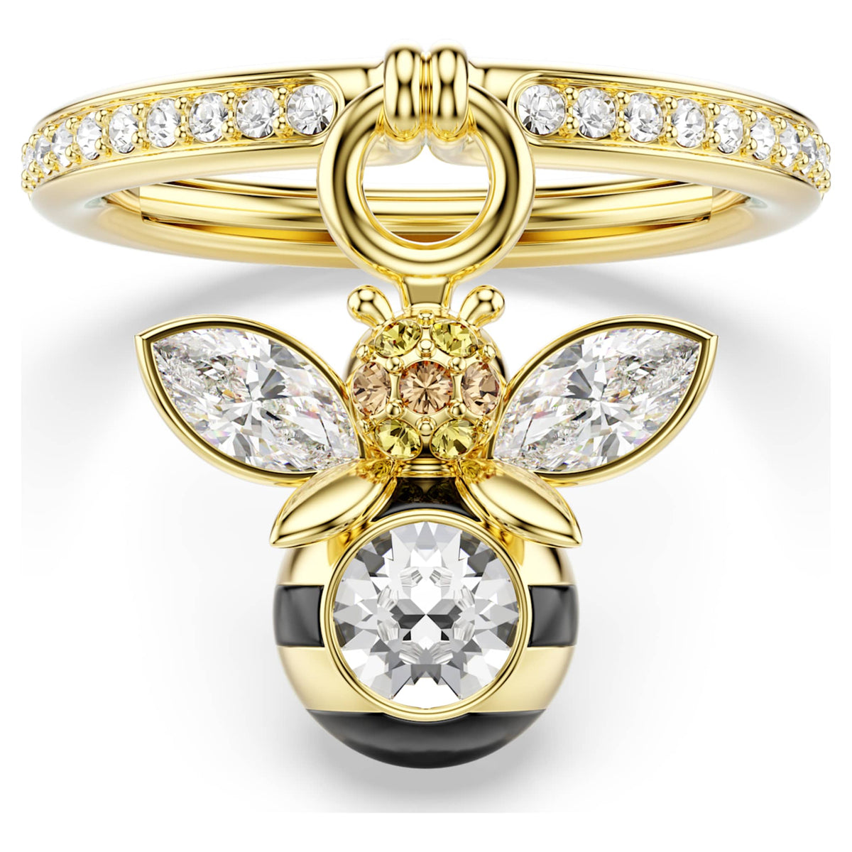 Swarovski Idyllia motif ring featuring a bee motif with multicolored mixed-cut accents and an 18K gold finish